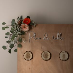 Panneau de plan de table en bois avec rondins personnalisés pour mariage champêtre.